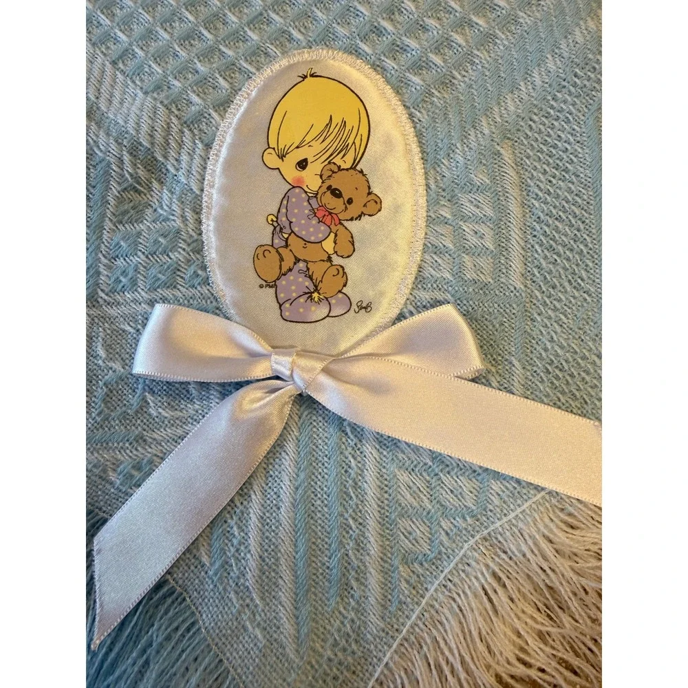 Vintage 1999 Precious Moments Blue Waffle Knit Baby Blanket Fringe Teddy Bear